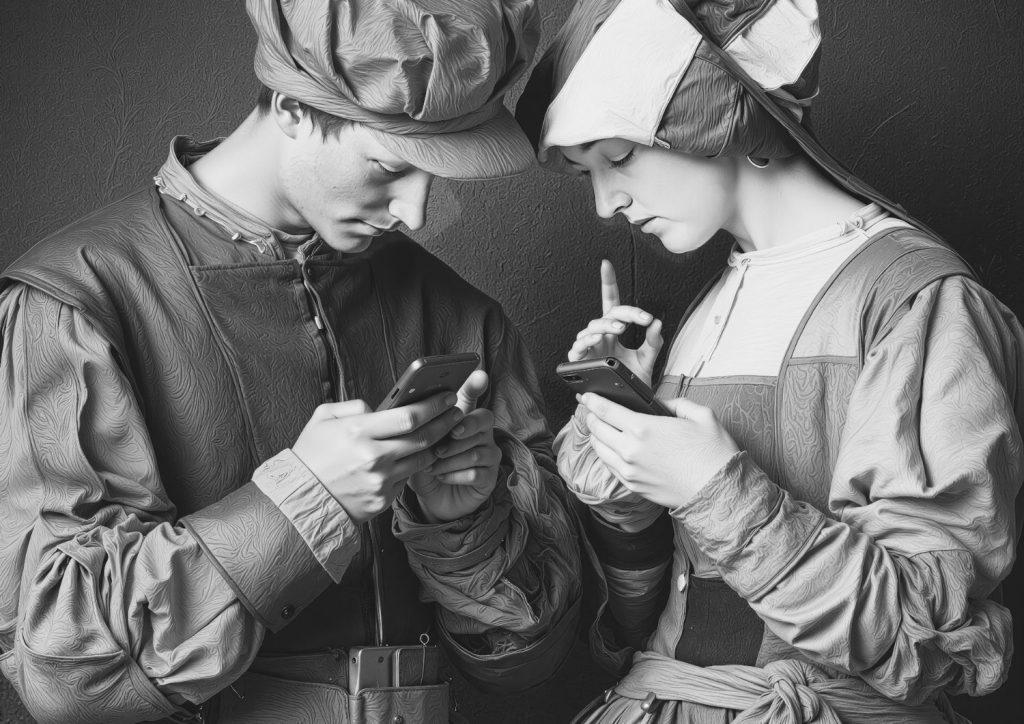 AI Generated image showing a painting of two people in period costumes looking at their phones. 