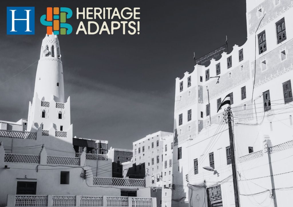 A photo of Shibam in Yemen with the logos of HERITΛGE and Heritage Adapts!